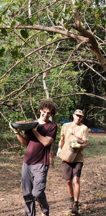 Deux jeunes hommes dans une forêt en plein air transportent des outils de jardinage et de la terre, souriant tout en travaillant ensemble. La lumière du soleil filtre à travers les arbres, créant une atmosphère joyeuse.