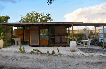 This image shows a small, rustic cabin with a wooden porch, surrounded by potted plants, cactus, outdoor furniture, and a trailer. The setting appears tranquil.