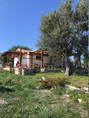 La imagen representa una serena casa blanca con tejado rojo, rodeada de un muro de piedra, exuberante vegetación y flores vibrantes, bajo un cielo azul despejado.