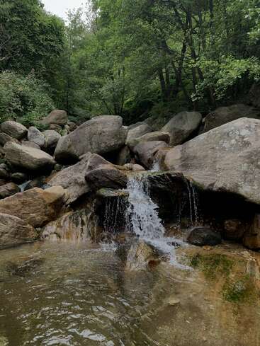 A small waterfall cascades over large smooth rocks into a clear pool, surrounded by lush, green forest. The peaceful, natural setting feels serene and tranquil.