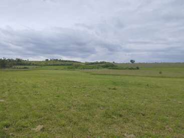 A wide, open green field stretches under a cloudy, overcast sky. Gentle hills and distant trees create a peaceful, rural landscape with natural beauty.