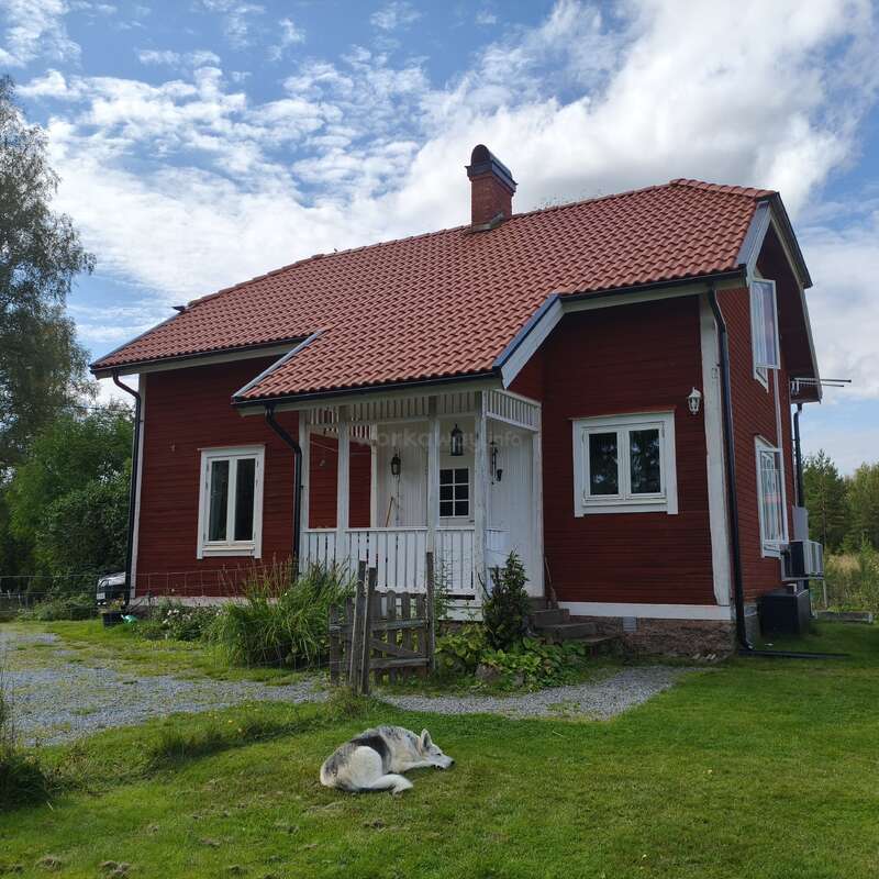 Una encantadora casa de madera roja con tejado de tejas se alza bajo un cielo parcialmente nublado. Un perro descansa plácidamente en el verde césped junto a la entrada.