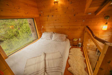 A cozy wooden cabin bedroom features a large window with forest views, a neatly made bed with white linens, warm lighting, and a fluffy rug on the floor.