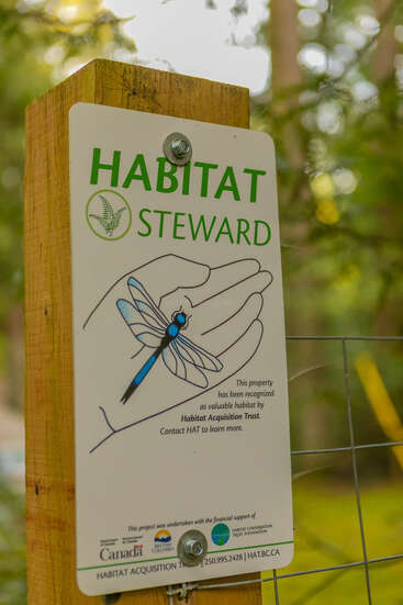 A sign mounted on a wooden post reads "Habitat Steward" with an illustration of a hand holding a dragonfly, indicating habitat protection by the Habitat Acquisition Trust.