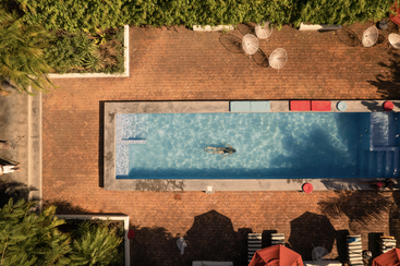 A rectangular pool sits in the middle of a brick patio, surrounded by greenery, lounge chairs, and scattered umbrellas. One person is swimming alone.