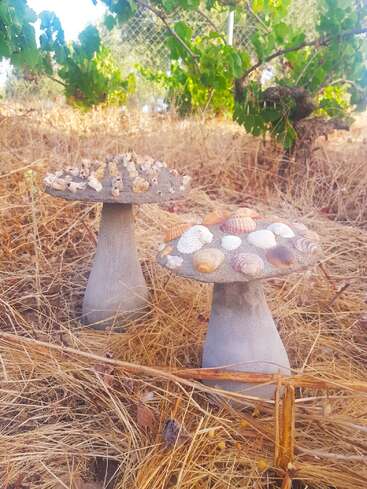 Deux sculptures en forme de champignon se dressent sur de l'herbe sèche, leurs chapeaux étant ornés de divers coquillages. Des plantes vertes et une clôture en grillage apparaissent dans l'arrière-plan flou.