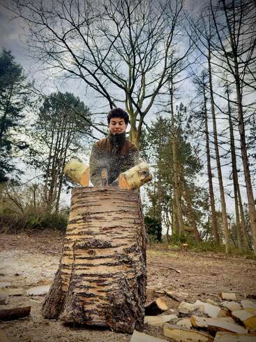 Une personne fend une bûche sur une grosse souche en plein air, entourée d'arbres. Des copeaux de bois volent au fur et à mesure que la hache tranche, et du bois coupé est éparpillé à proximité.
