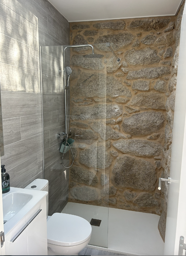 This bathroom features a modern walk-in shower with glass partition, rainfall shower head, stone accent wall, grey tiles, white toilet, and compact white sink unit.