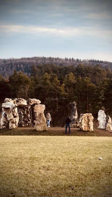 Deux personnes se tiennent debout parmi de grandes formations rocheuses anciennes dans un champ herbeux, avec en toile de fond une forêt dense et vert foncé et un ciel nuageux au-dessus.