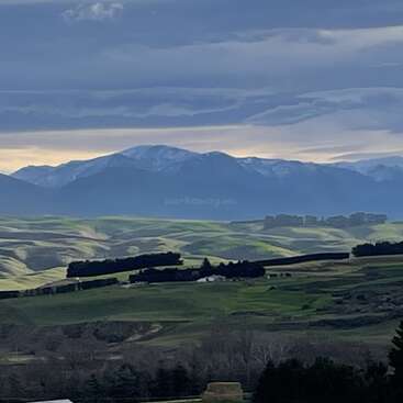 Colinas verdes ondulantes se estendem sob um céu nublado dramático. À distância, montanhas azuladas se erguem, parcialmente cobertas de neve, criando uma paisagem rural tranquila.