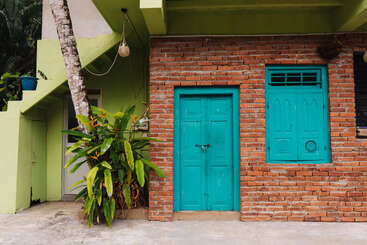 Cette image montre un mur de briques avec une porte et une fenêtre d'un turquoise éclatant. Des escaliers verts adjacents avec des plantes, un cocotier et des décorations suspendues complètent ce décor tropical.