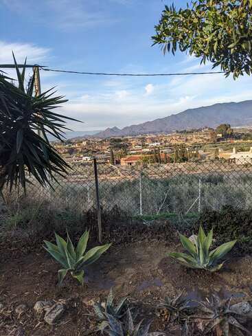 La imagen representa un paisaje sereno con una valla metálica, plantas de agave y una cordillera lejana bajo un cielo azul con nubes difusas.