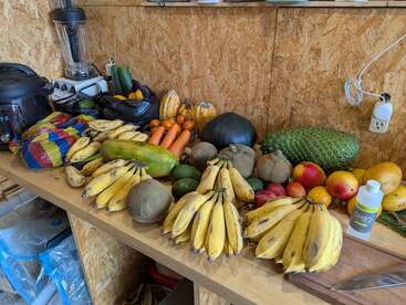 Un mostrador de cocina de madera exhibe un colorido surtido de frutas tropicales, como plátanos, papayas, mangos, guanábana, aguacates y utensilios de cocina, creando una escena vibrante y animada.