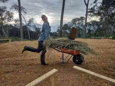 A person in boots poses playfully beside a wheelbarrow filled with dry grass, set in a clearing surrounded by tall trees and a cloudy sky.