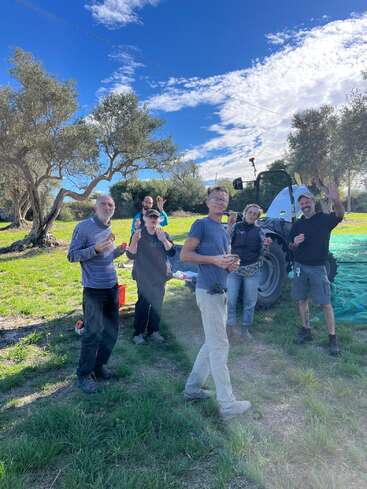 Six people stand outdoors in a sunny olive grove, enjoying a break together. They wave and smile, with a tractor and green netting visible behind them.