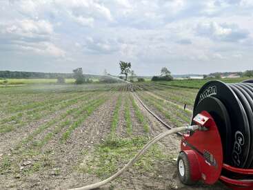 A large agricultural field is being irrigated using a red hose reel irrigation system. The sky is cloudy, and young crops grow in neat rows.