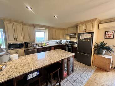 This kitchen features cream cabinets, a large granite island with stools, stainless steel appliances, and a window over the sink. A potted plant decorates the corner.