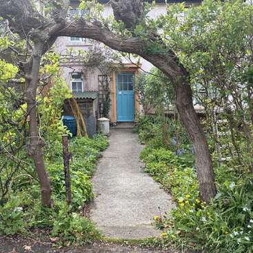 Un árbol curvado enmarca un sendero que conduce a una encantadora casa con una puerta azul, rodeada de exuberante vegetación, flores y elementos típicos de un jardín de campo.