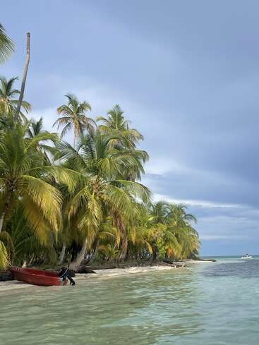 Tall palm trees line a sandy beach beside clear, shallow aqua water. A small red boat rests onshore under a cloudy sky, completing a tropical paradise scene.