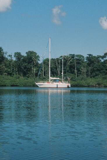 A sailboat floats peacefully on a calm blue river, surrounded by lush green trees under a clear sky with scattered white clouds, reflecting tranquility.