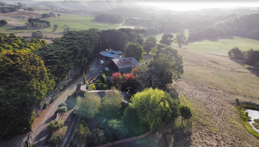Essa imagem aérea mostra uma casa de fazenda rural cercada por árvores exuberantes, uma entrada de automóveis, uma área de jardim, campos abertos, colinas onduladas e uma suave luz matinal ao fundo.
