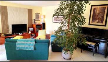 Uma sala de estar aconchegante com móveis coloridos, televisão, sistema de som, uma grande planta interna, arte na parede, piano, iluminação aconchegante e toques decorativos, criando uma atmosfera relaxante.