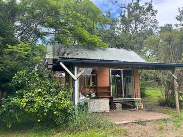 Cette image montre une petite cabane rustique entourée d'une végétation luxuriante et d'arbres. La maison a un toit en tôle, de grandes fenêtres et un coin salon extérieur confortable.