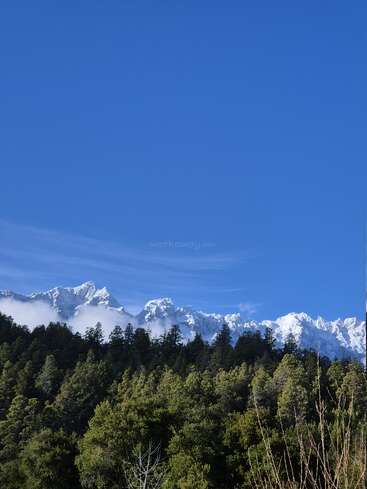 Uma vista de tirar o fôlego das montanhas cobertas de neve sob um céu azul límpido, com uma floresta verdejante abaixo e nuvens suaves flutuando suavemente acima dos picos escarpados e imponentes.