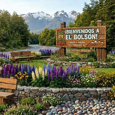 A welcoming wooden sign reads “Bienvenidos a El Bolsón,” surrounded by vibrant flowers, benches, and stonework, with snow-capped mountains and lush green trees in the background.
