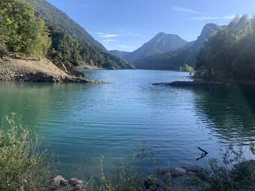Ein ruhiger See, umgeben von üppigen grünen Wäldern und majestätischen Bergen unter einem klaren blauen Himmel, der die friedliche Schönheit der unberührten Natur und des ruhigen Wassers widerspiegelt.