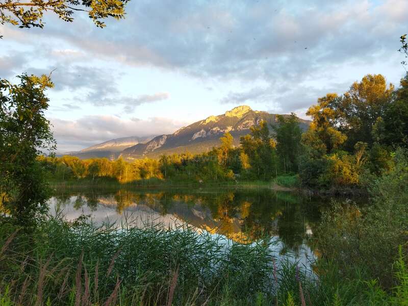 The image depicts a serene landscape featuring a lake, lush trees, and a majestic mountain in the distance, bathed in warm sunlight.