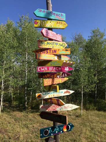 L'image représente un panneau de signalisation dynamique avec plusieurs panneaux en bois pointant dans différentes directions, chacun portant le nom d'un lieu, sur un fond serein d'arbres et de ciel bleu clair.