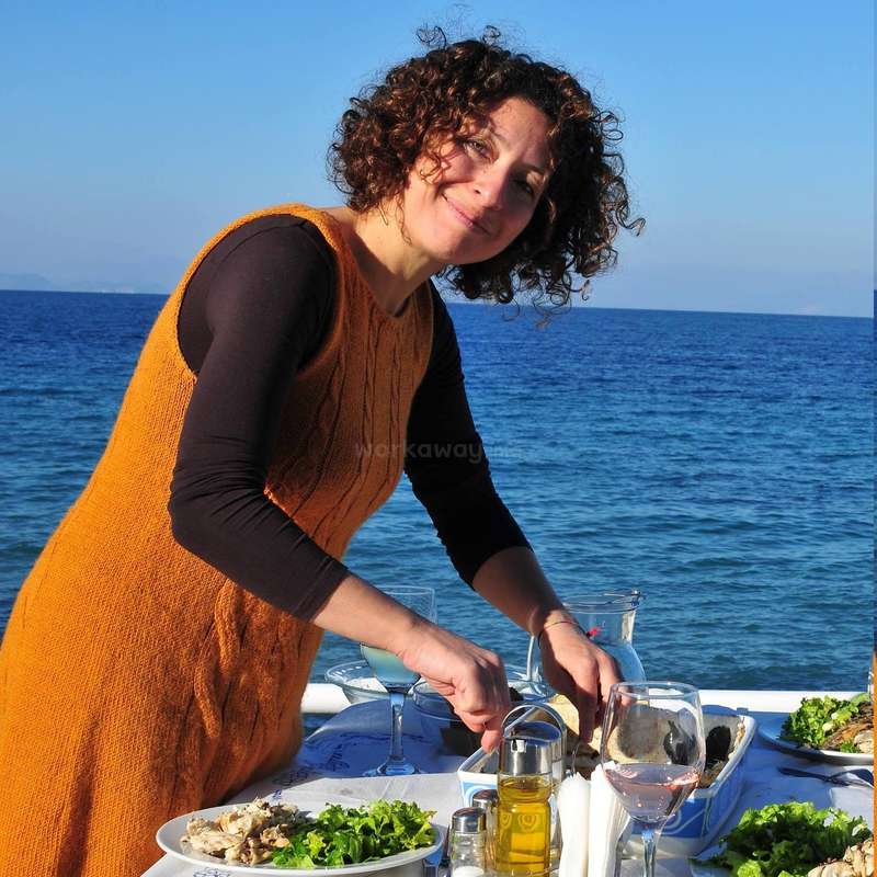 The image depicts a woman standing beside a table with food and drinks, set against the backdrop of a serene body of water under a clear blue sky.