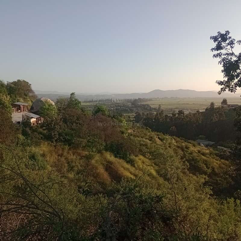 La imagen representa un paisaje sereno con una casa enclavada entre árboles y arbustos, con un telón de fondo de colinas onduladas y montañas bajo un cielo despejado.
