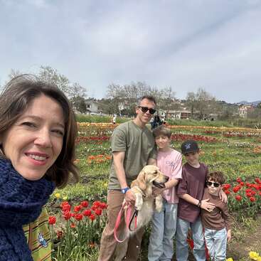 A smiling family and their golden dog pose in a vibrant tulip field under a cloudy sky, enjoying a day outdoors surrounded by colorful flowers and nature.