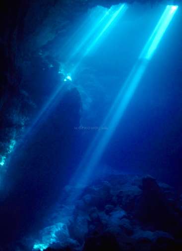The image depicts a deep blue underwater scene with sunlight shining through the water, creating a bright beam of light in the center.