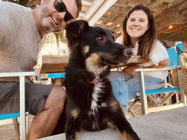 Um homem e uma mulher sorridentes sentados à mesa de um café ao ar livre, posando com seu cachorro preto e marrom sentado na frente deles. Ambiente descontraído e alegre.