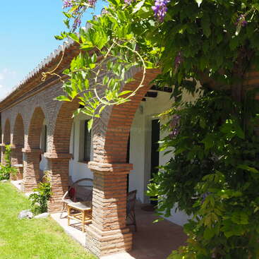 The image shows a charming house with brick arches, lush greenery, purple flowers, and outdoor seating. Sunlight brightens the corridor and the well-kept grass.
