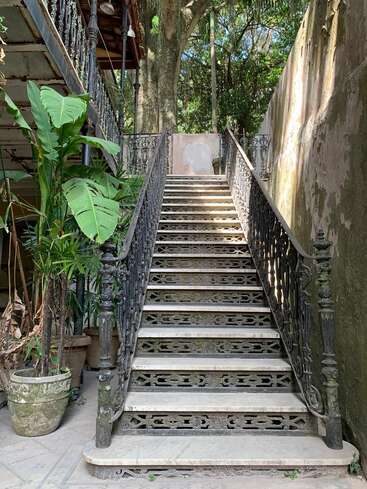 Un escalier extérieur avec des rampes en fer forgé et des marches en pierre monte le long d'un mur patiné par les intempéries, entouré de plantes vertes luxuriantes et de grands arbres baignés de soleil.