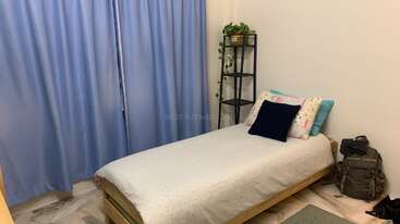Dies ist ein gemütliches Schlafzimmer mit einem Einzelbett, hellblauen Vorhängen, einem kleinen Regal mit Pflanzen, dekorativen Kissen und einem Rucksack auf dem Boden.