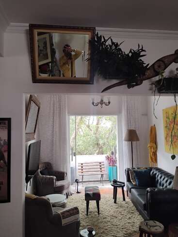 Un salon confortable et éclectique avec des meubles vintage, un miroir reflétant une personne vêtue de jaune, des plantes luxuriantes, des œuvres d'art, un banc à l'extérieur et une lumière naturelle douce.