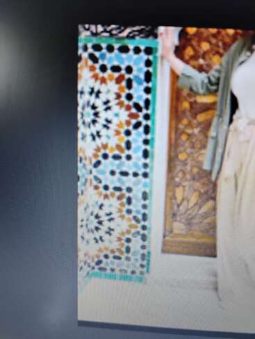 Une personne se tient à côté d'un mur recouvert de carreaux de mosaïque colorés et complexes, avec des motifs géométriques, et d'une porte en bois sculptée, partiellement visible, vêtue d'une jupe longue et d'une veste.