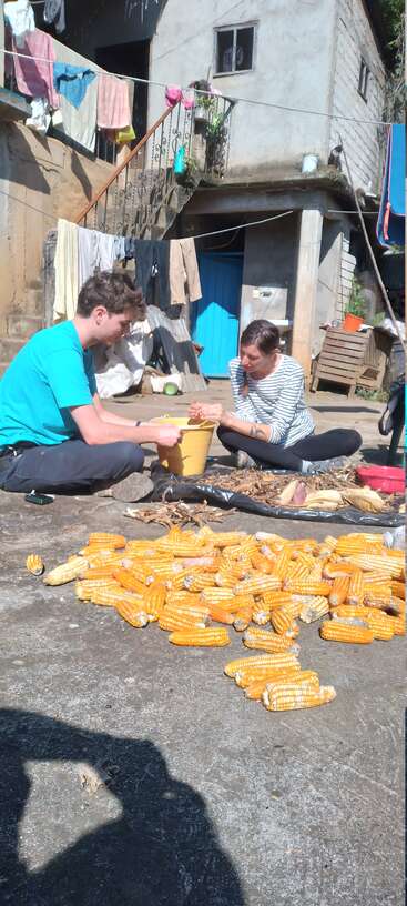 Two people sit outdoors on concrete, shelling corn into a yellow bucket. Corn cobs are spread out. Laundry hangs outside a rustic building behind them.