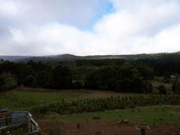 A scenic landscape featuring green fields, dense forests, and rolling hills under a cloudy sky with sunlight breaking through, illuminating parts of the distant treetops. Peaceful countryside.