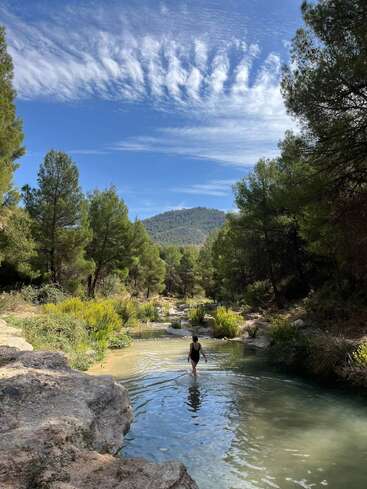 Une personne patauge dans un ruisseau clair entouré d'arbres luxuriants. Au-dessus, des nuages ondulants s'étendent dans un ciel d'un bleu éclatant, avec des montagnes visibles au loin.