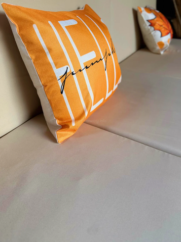 Two decorative pillows on a beige couch; the closer one is orange with “HELLO” and script writing, while the farther one features an autumn leaf design.