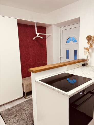 This image shows a modern, compact entryway and kitchen area with a marble countertop, induction stove, red accent wall, white furniture, and a decorative dried flower arrangement.