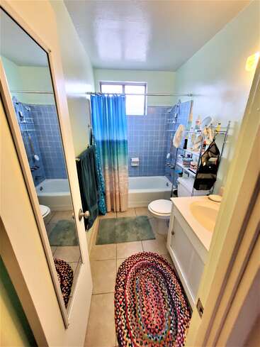Cette photo montre une petite salle de bains bien rangée, avec une douche carrelée de bleu, un tapis tressé coloré, un meuble-lavabo, une porte miroir et divers articles de toilette rangés sur des étagères en métal.