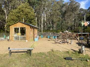 A small wooden cabin sits in a sunny clearing surrounded by tall trees, with stacked firewood, stools, benches, barrels, washing line, and scattered household items. Peaceful setting.