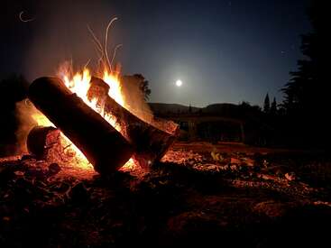 Large logs burn brightly in a campfire under a clear night sky. The moon glows above distant hills, while trees silhouette against the darkness.